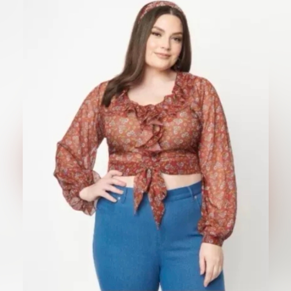 Unique Vintage NWT Rust & White Floral Ruffled & Ready Crop Тор - 1X/16